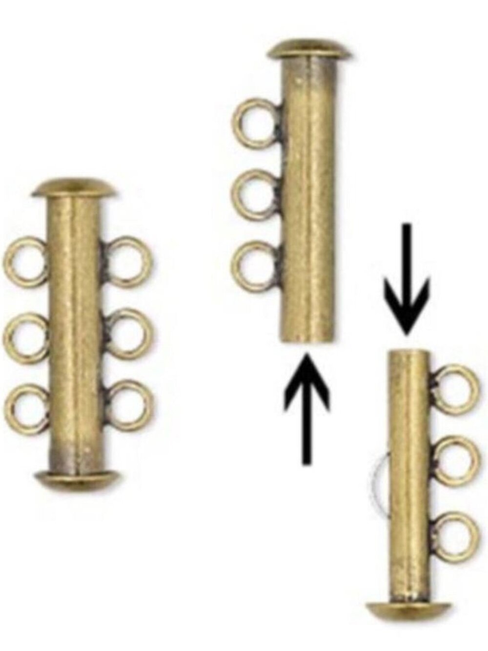 2 Sets Antiqued Brass 3-Strand Slide Lock Tube Necklace Jewelry Clasps 21x6mm